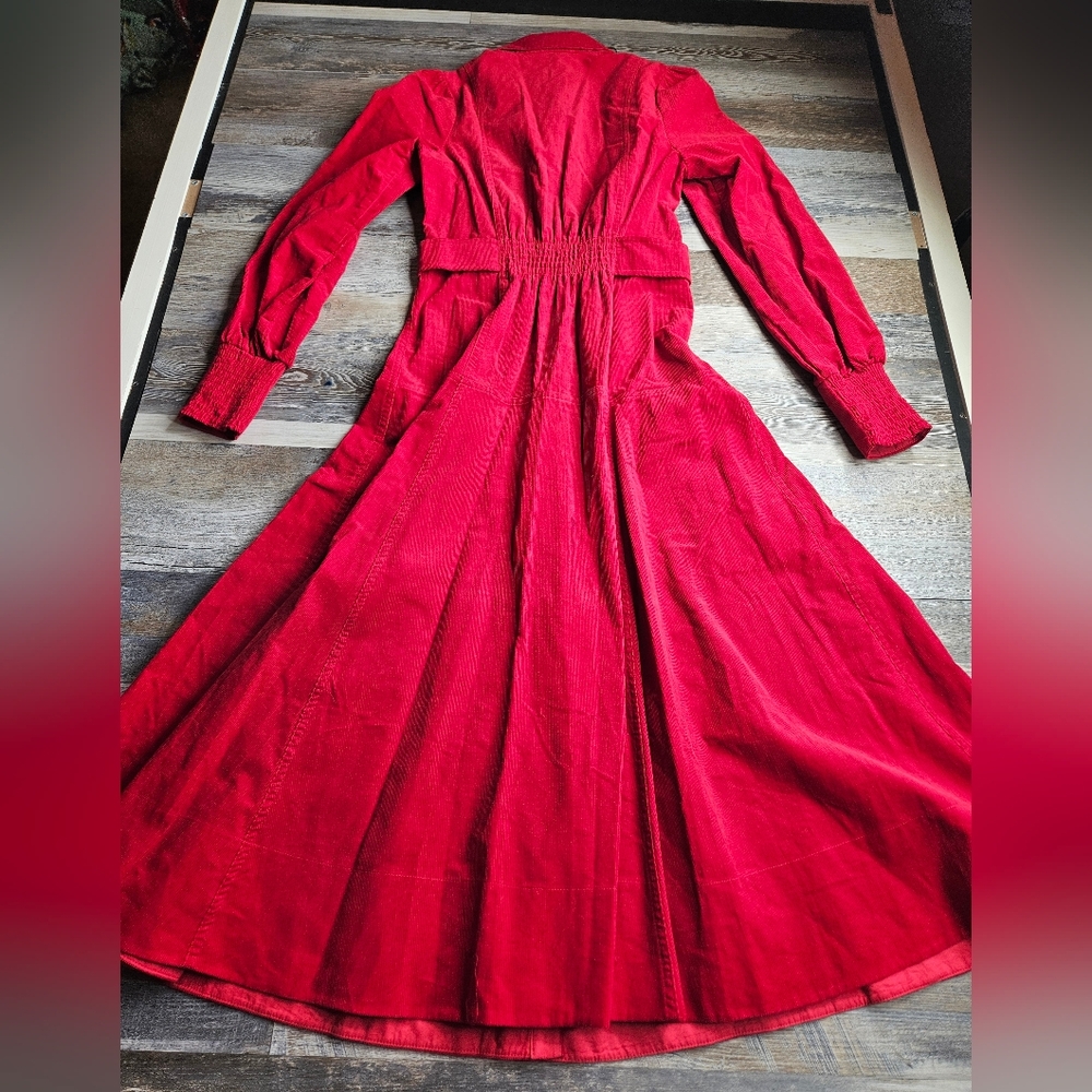 ME+EM Red Fluid Cord Gold Button Midi Shirt Dress Size 2 - Picture 9 of 14